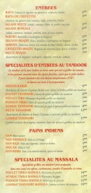 Menu Taj mahal - Les entrées, pains indiens et spécialités au Massala