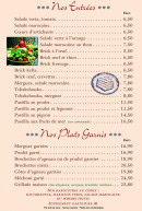 Carte et menu de L'Auberge Du Maroc à Meulan-en-Yvelines — Les entrées et plats garnis