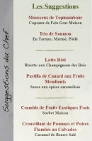 Menu Restaurant la Toque Blanche - Les suggestions du chef