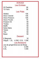 Menu Ahkadi - Les entrées, plats, desserts et boissons