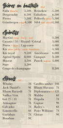 Menu Le France - Les apéritifs, alcools et bières en bouteille