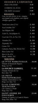 Menu Le Petit Bew - Le desserts, boisons et vins