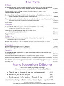 Menu Côteaux et  Fourchettes - A la carte et menu suggestions déjeuner