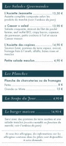Menu Bistrot Jeannette - Les salades, planches, soupe du jour et burgers