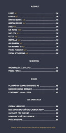 Menu Le Bistrot De Bourgenay - Les alcools, shooter, ...