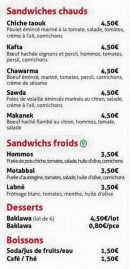 Menu Chez Le Libanais - Les sandwiches et desserts