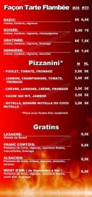 Carte et menu de Piz'zasta et Gourmandises à Valdoie — Les tartes flambées, pizzaninis et gratins