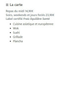Carte et menu de Plaisirs d'Ailleurs à Villebon sur Yvette — La carte