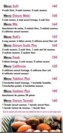 Menu Dream Sushi - Les menus: shoft, dream maki, mix,...