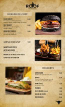 Carte et menu de Roof Steak House à Fleury Merogis — Les burgers du chef, menu enfant et desserts