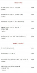 Menu Seven Stars 7 - Les brochettes, soupes et potages