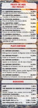 Carte et menu de Tandoori House à Montrouge — Les fruits de mer, plats biryani et boissons