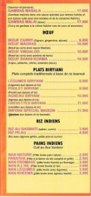 Carte et menu de New Tandoori House à Meudon la Foret — Bœufs, plats biryiani, riz indiens,....