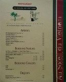 Carte et menu de Au soleil du Viet Nam à Saint Ouen — Les boissons