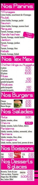Menu Carta'pizza - Les paninis, burgers, salades, boissons, desserts et glaces 
