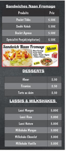 Carte et menu de Les Saveurs Du Penjab à Fontenay Sous Bois — Les sandwichs, desserts, …