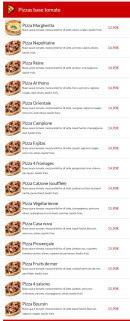 Menu Pizza Bella - Les pizzas base de tomate