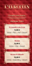 Carte et menu de Brasserie L'Européen à Bonneuil sur Marne — Les formules