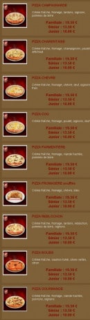 Menu Andiamo pizza - Les pizzas base crèmes fraiches