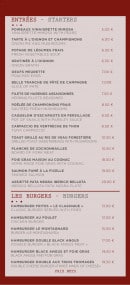 Menu Bistrot La Vitrine - Entrées et burgers 