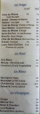 Menu La Voile - Les vins et les champagnes 