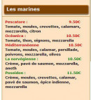Menu Kallisté Pizza - Les pizzas marines 
