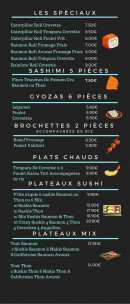 Menu Kastel Sushi - Spéciaux, sashimis, gyozas,...