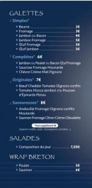 Menu L'Atelier Breton - galettes, salades, wrap