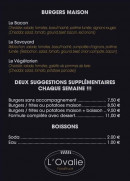 Menu L'ovalie - Burgers, suggestions et burgers 