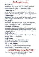 Menu Palladio - Hamburgers et hot dogs