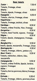 Menu Storia Pizza - les pizzas à base tomate