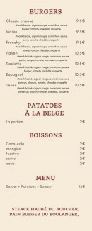 Menu The Cook’s Corner - Les burgers, patatoes à la belge et boissons, ...