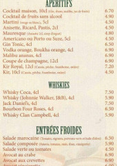 Menu L'Arganier - Les apéritifs, whiskies et entrées