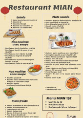Menu Restaurant Mian - Les entrées, nouilles et plats,...