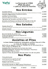 Menu Yafo - Les entrées, plats et salades, ...