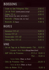 Menu Pizz'Alex - Les boissons, bières et vins