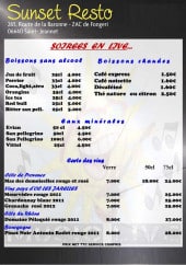 Menu Sunset Resto - Les boissons, eaux minéral et vins 