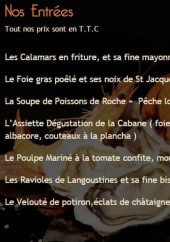 Menu La Cabane de l'Ecailler - Les entrées