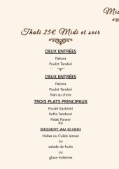 Menu Taj Mahal - Thali 25€ midi et soir   et  thali 28€ midi et soir