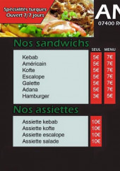 Menu Antep Kebab - La carte