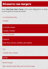 Menu Nan's tacos - Les burgers