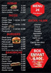 Menu Le 212 - Les kebabs, tacos, ...