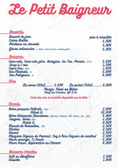 Menu Le Petit Baigneur - Les desserts, boissons, alcools et boissons chaudes