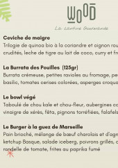 Menu Wood - Ceviche de maigre, burrata des pouilles et burgers, ...