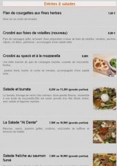 Menu Al Dente - Les entrées et salades