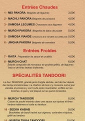 Menu Shimla - Les entrées  et les spécialités tandoori