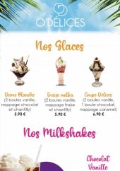 Menu O’Delices - Les glaces et milkshakes