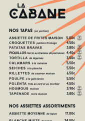Menu La Cabane - Les tapas, assiettes assortiments, ...