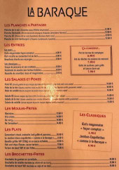 Menu La Baraque - Les entrées, plats et salades, ...