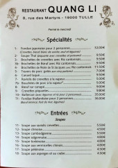 Menu Quang Li - Les spécialités, entrées